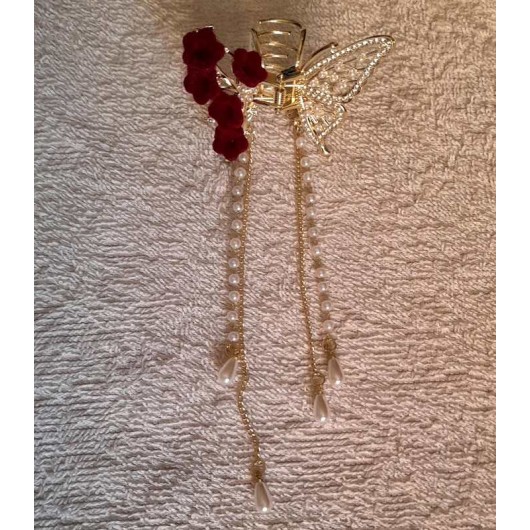 Шпилька для волосся метелик з червоними квітами